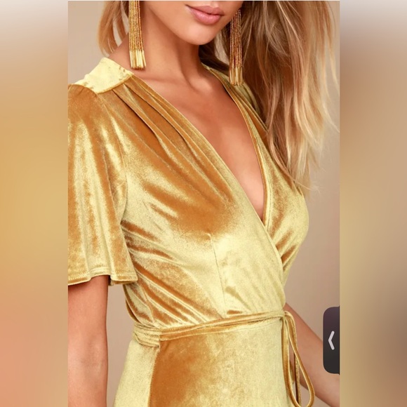 Lulus Amour Golden Yellow Velvet High-Low Wrap Dress - Picture 4 of 9